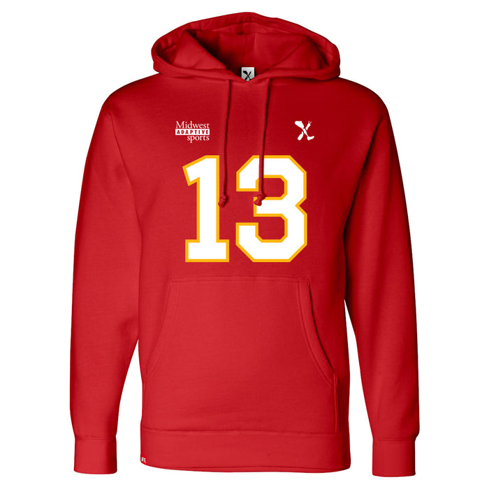 Front angle of the Danny Fik MAS Kansas City Wheelchair Football Amplife Red Hoodie against a white background