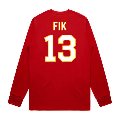 Back angle of the Danny Fik MAS Kansas City Wheelchair Football Amplife Red Long Sleeve T-Shirt against a white background
