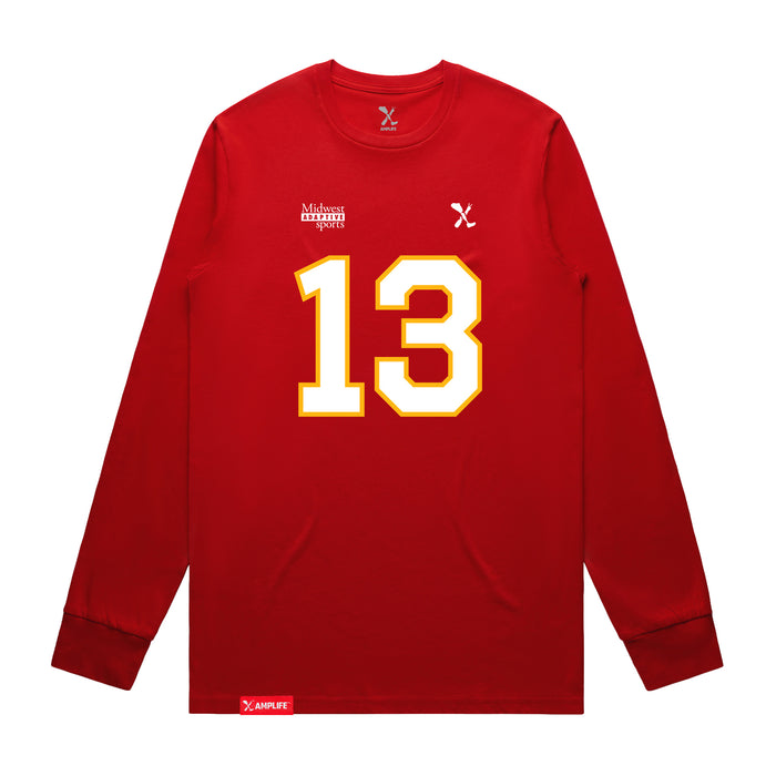 Front angle of the Danny Fik MAS Kansas City Wheelchair Football Amplife Red Long Sleeve T-Shirt against a white background