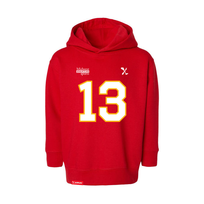 Front angle of the Danny Fik MAS Kansas City Wheelchair Football Amplife Toddler Red Hoodie against a white background