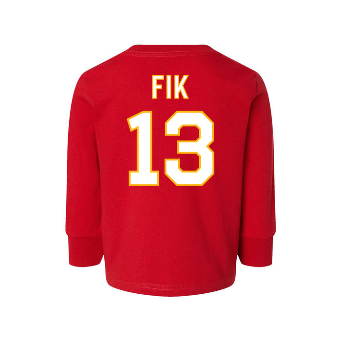 Back angle of the Danny Fik MAS Kansas City Wheelchair Football Amplife Toddler Red Long Sleeve T-Shirt against a white background