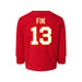 Back angle of the Danny Fik MAS Kansas City Wheelchair Football Amplife Toddler Red Long Sleeve T-Shirt against a white background