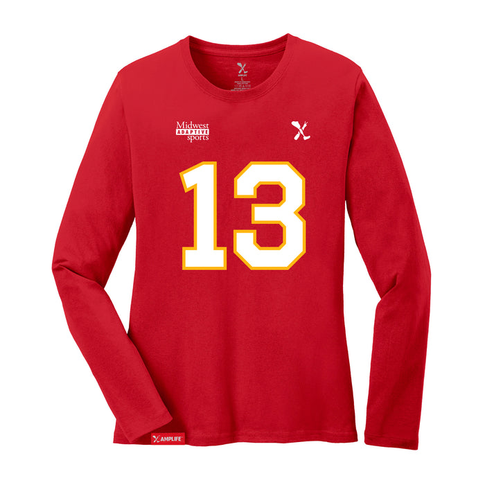 Front angle of the Danny Fik MAS Kansas City Wheelchair Football Amplife Women's Red Long Sleeve T-Shirt against a white background