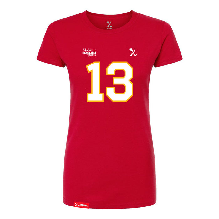 Front angle of the Danny Fik MAS Kansas City Wheelchair Football Amplife Women's Red Slim T-Shirt against a white background