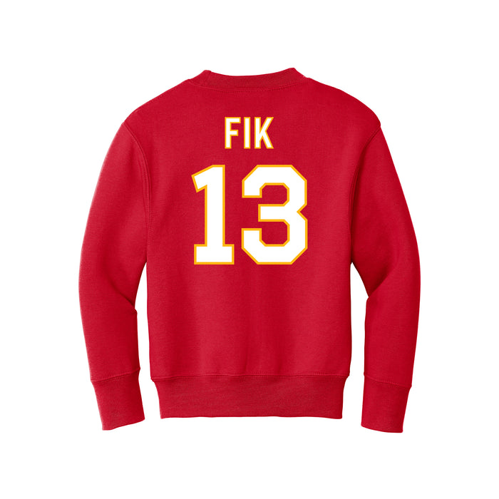 Back angle of the Danny Fik MAS Kansas City Wheelchair Football Amplife Youth Red Crewneck Sweatshirt against a white background