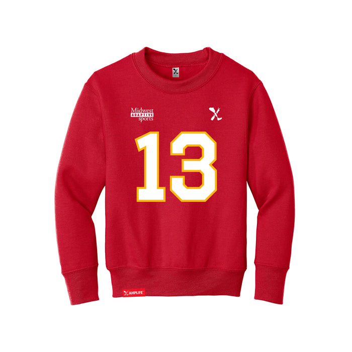 Front angle of the Danny Fik MAS Kansas City Wheelchair Football Amplife Youth Red Crewneck Sweatshirt against a white background