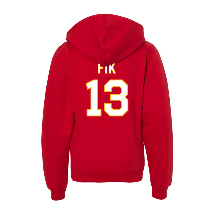 Back angle of the Danny Fik MAS Kansas City Wheelchair Football Amplife Youth Red Hoodie against a white background