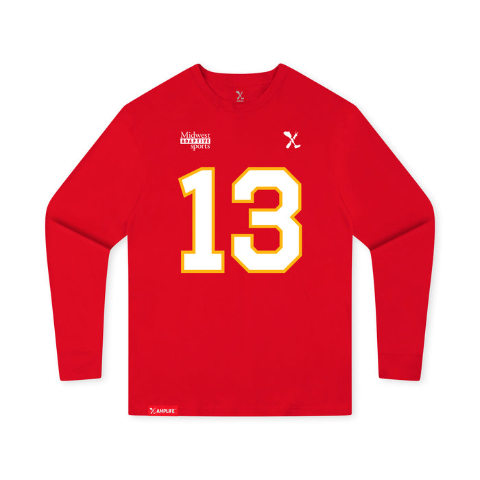 Front angle of the Danny Fik MAS Kansas City Wheelchair Football Amplife Youth Red Long Sleeve T-Shirt against a white background