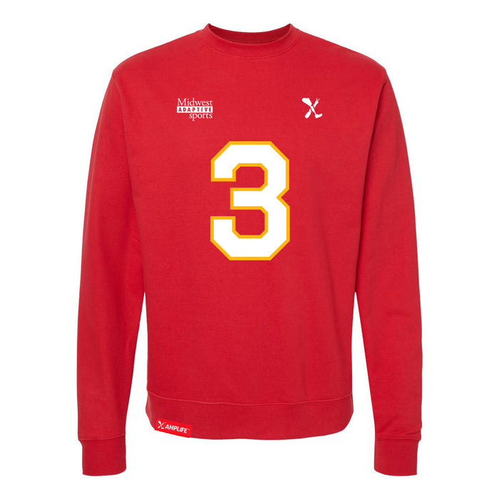 Front angle of the Donte Hill MAS Kansas City Wheelchair Football Amplife Red Crewneck Sweatshirt against a white background