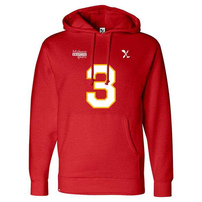 Front angle of the Donte Hill MAS Kansas City Wheelchair Football Amplife Red Hoodie against a white background