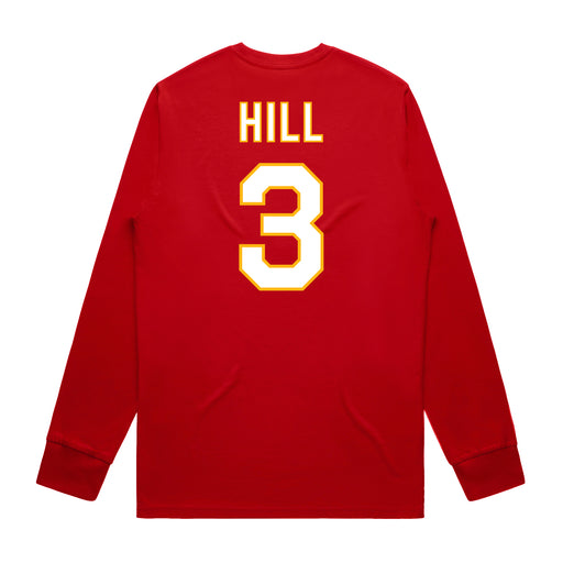 Back angle of the Donte Hill MAS Kansas City Wheelchair Football Amplife Red Long Sleeve T-Shirt against a white background