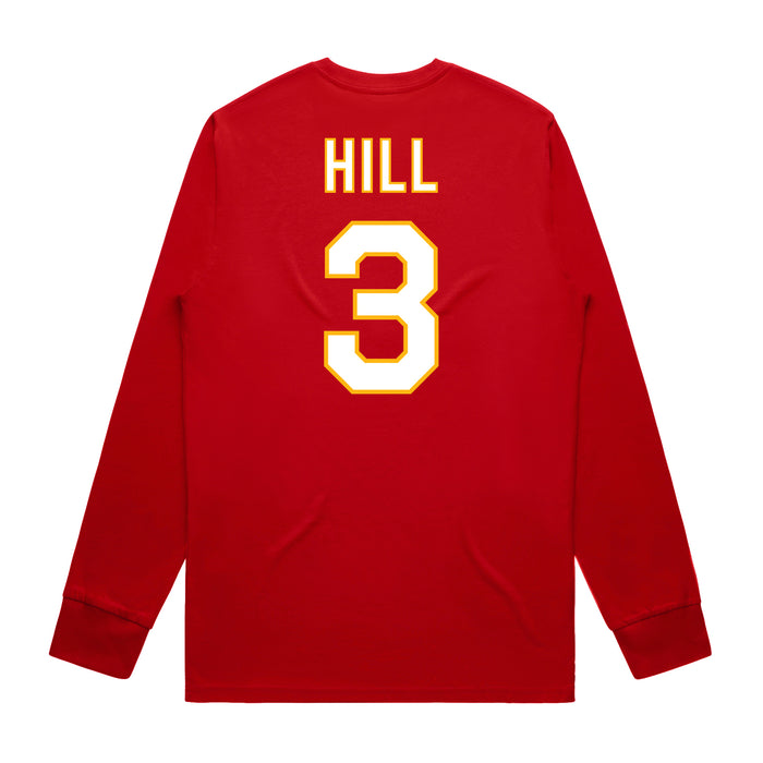 Back angle of the Donte Hill MAS Kansas City Wheelchair Football Amplife Red Long Sleeve T-Shirt against a white background