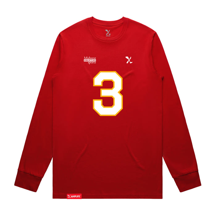 Front angle of the Donte Hill MAS Kansas City Wheelchair Football Amplife Red Long Sleeve T-Shirt against a white background