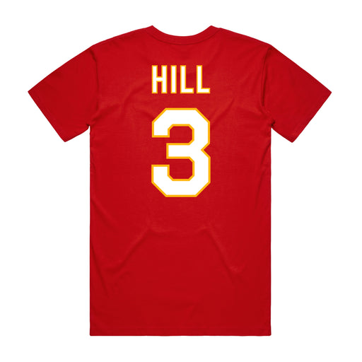 Back angle of the Donte Hill MAS Kansas City Wheelchair Football Amplife Red T-Shirt against a white background