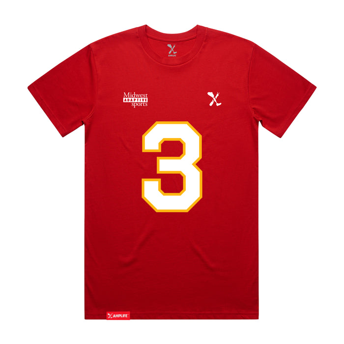 Front angle of the Donte Hill MAS Kansas City Wheelchair Football Amplife Red T-Shirt against a white background