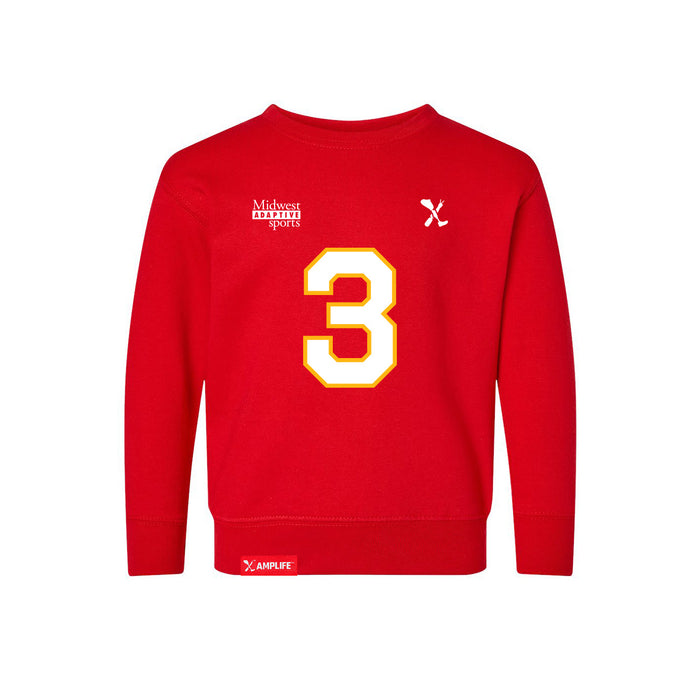 Front angle of the Donte Hill MAS Kansas City Wheelchair Football Amplife Toddler Red Crewneck Sweatshirt against a white background