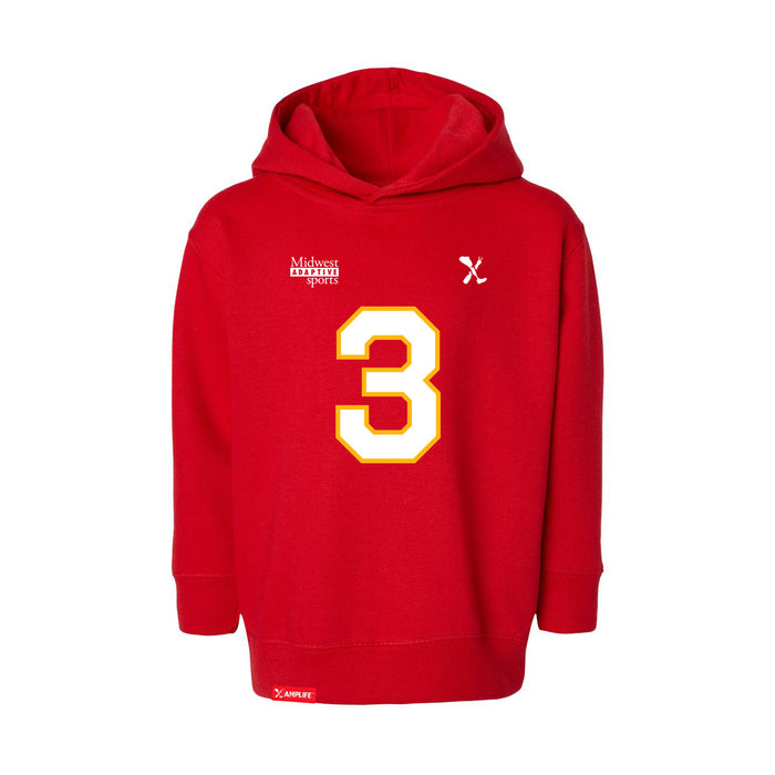Front angle of the Donte Hill MAS Kansas City Wheelchair Football Amplife Toddler Red Hoodie against a white background