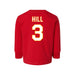 Back angle of the Donte Hill MAS Kansas City Wheelchair Football Amplife Toddler Red Long Sleeve T-Shirt against a white background