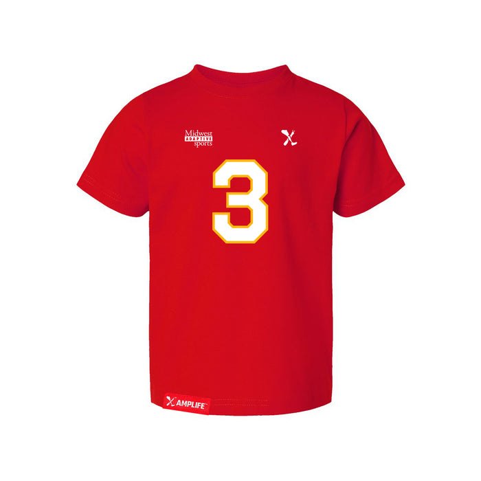 Front angle of the Donte Hill MAS Kansas City Wheelchair Football Amplife Toddler Red T-Shirt against a white background