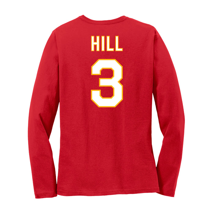 Back angle of the Donte Hill MAS Kansas City Wheelchair Football Amplife Women's Red Long Sleeve T-Shirt against a white background