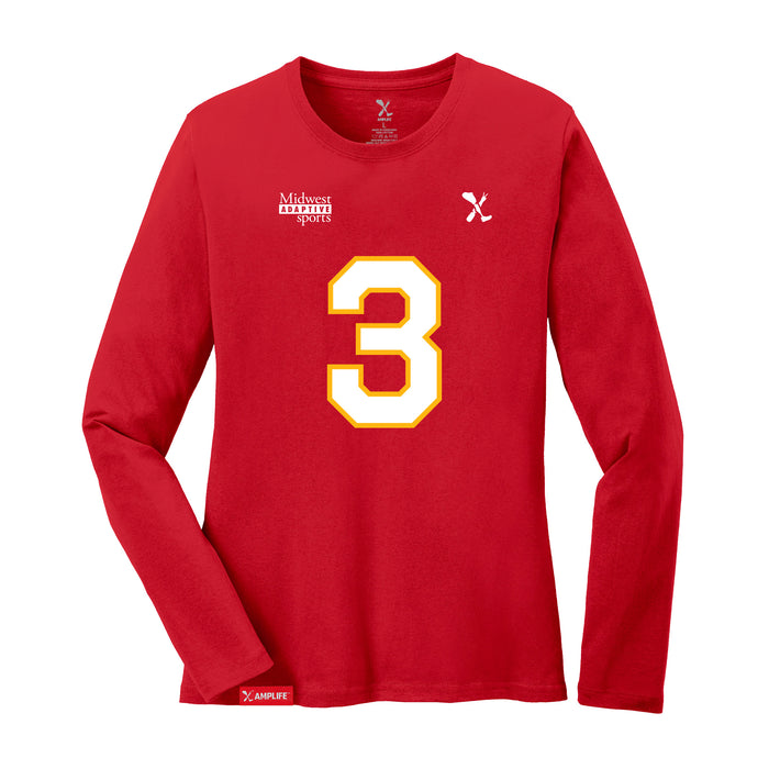 Front angle of the Donte Hill MAS Kansas City Wheelchair Football Amplife Women's Red Long Sleeve T-Shirt against a white background