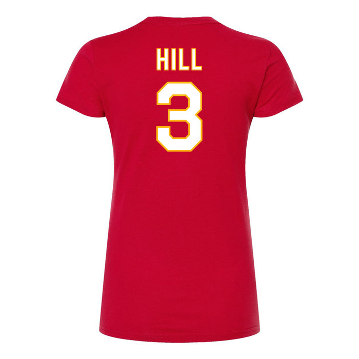 Back angle of the Donte Hill MAS Kansas City Wheelchair Football Amplife Women's Red Slim T-Shirt against a white background