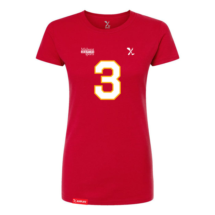 Front angle of the Donte Hill MAS Kansas City Wheelchair Football Amplife Women's Red Slim T-Shirt against a white background