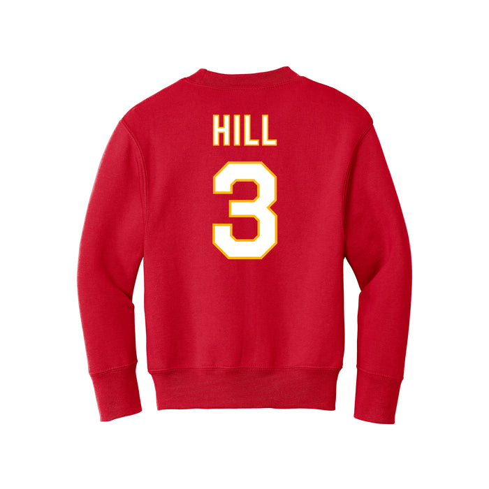 Back angle of the Donte Hill MAS Kansas City Wheelchair Football Amplife Youth Red Crewneck Sweatshirt against a white background