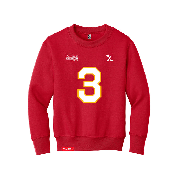 Front angle of the Donte Hill MAS Kansas City Wheelchair Football Amplife Youth Red Crewneck Sweatshirt against a white background