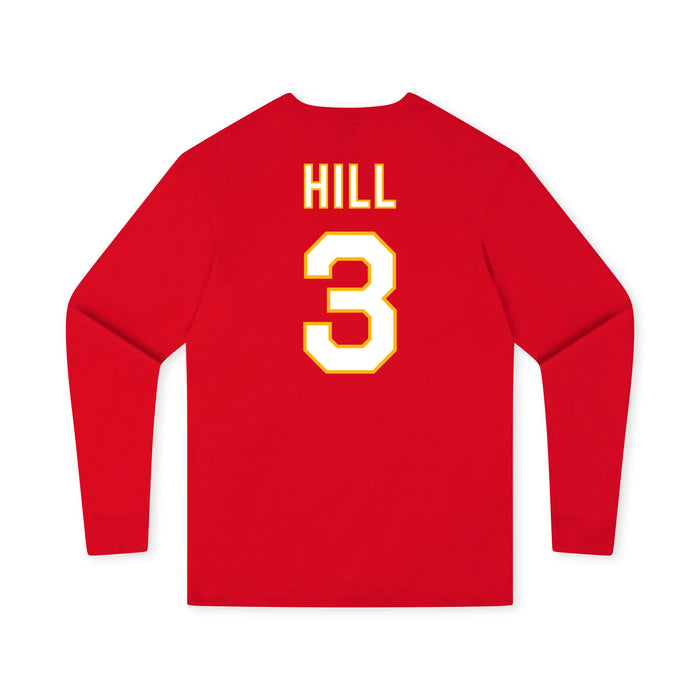 Back angle of the Donte Hill MAS Kansas City Wheelchair Football Amplife Youth Red Long Sleeve T-Shirt against a white background
