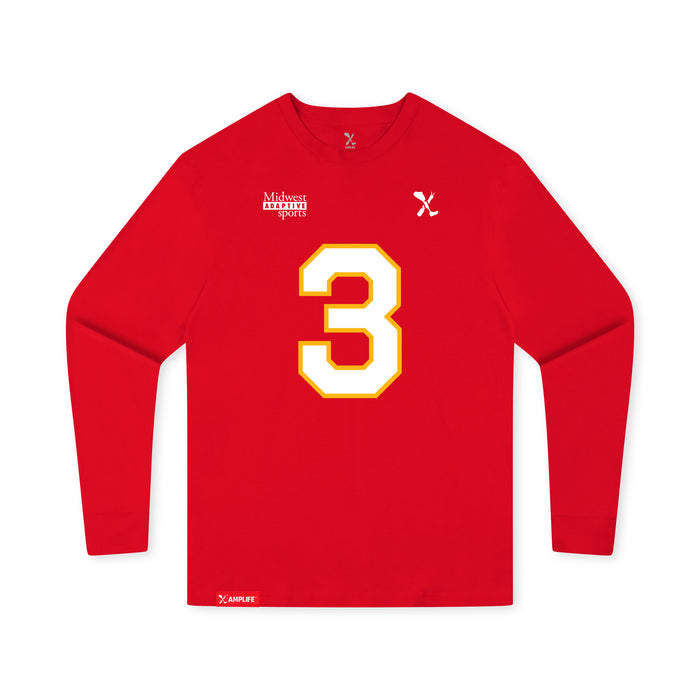 Front angle of the Donte Hill MAS Kansas City Wheelchair Football Amplife Youth Red Long Sleeve T-Shirt against a white background
