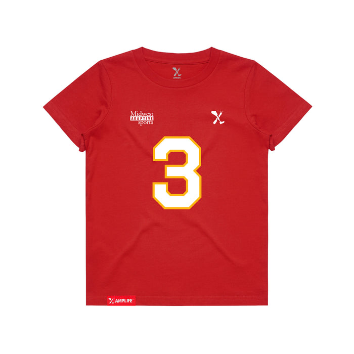 Front angle of the Donte Hill MAS Kansas City Wheelchair Football Amplife Youth Red T-Shirt against a white background