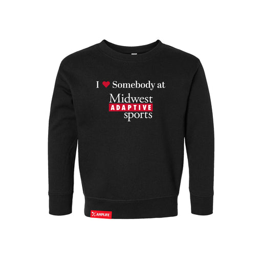 MAS Kansas City Wheelchair Football I Love Somebody at MAS Toddler Black Crewneck Sweatshirt on a white background