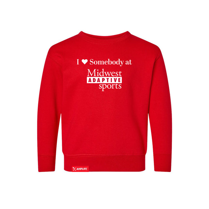 MAS Kansas City Wheelchair Football I Love Somebody at MAS Toddler Red Crewneck Sweatshirt on a white background
