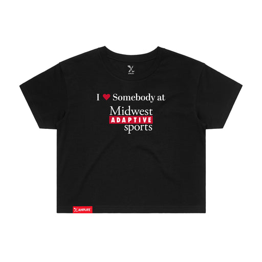 MAS Kansas City Wheelchair Football I Love Somebody at MAS Women's Black Crop T-Shirt on a white background