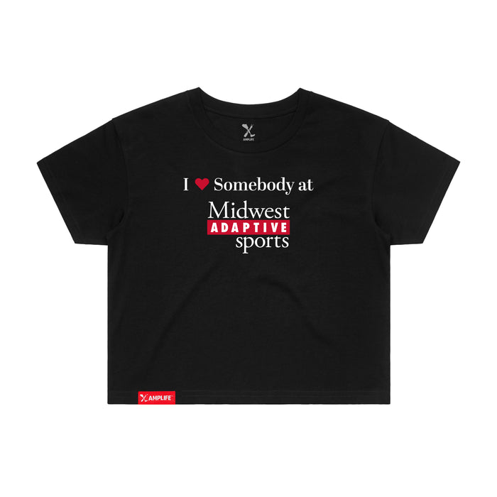 MAS Kansas City Wheelchair Football I Love Somebody at MAS Women's Black Crop T-Shirt on a white background