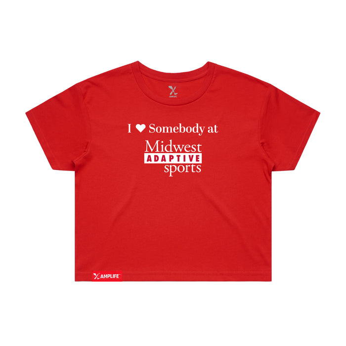 MAS Kansas City Wheelchair Football I Love Somebody at MAS Women's Red Crop T-Shirt on a white background