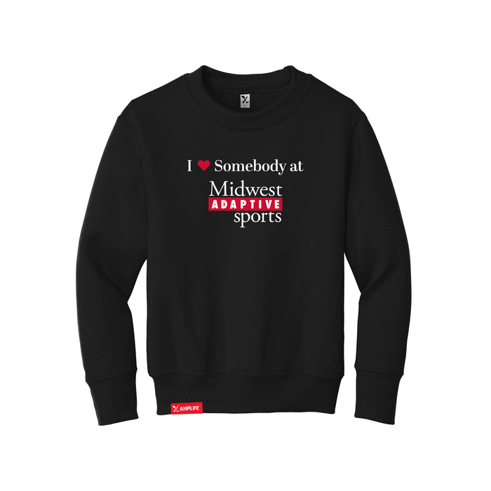 MAS Kansas City Wheelchair Football I Love Somebody at MAS Youth Black Crewneck Sweatshirt on a white background