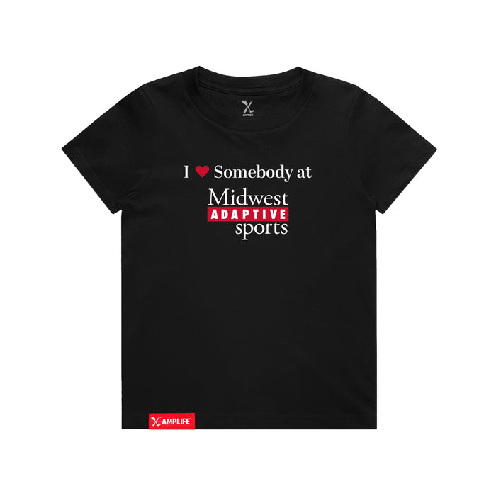 MAS Kansas City Wheelchair Football I Love Somebody at MAS Youth Black T-Shirt on a white background