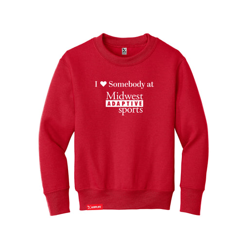 MAS Kansas City Wheelchair Football I Love Somebody at MAS Youth Red Crewneck Sweatshirt on a white background