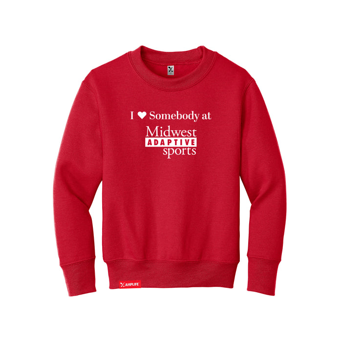 MAS Kansas City Wheelchair Football I Love Somebody at MAS Youth Red Crewneck Sweatshirt on a white background