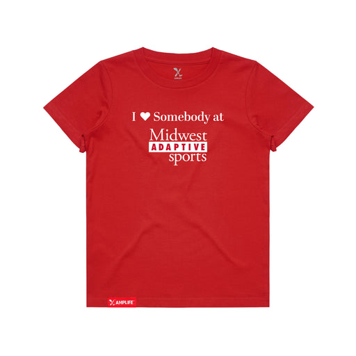 MAS Kansas City Wheelchair Football I Love Somebody at MAS Youth Red T-Shirt on a white background