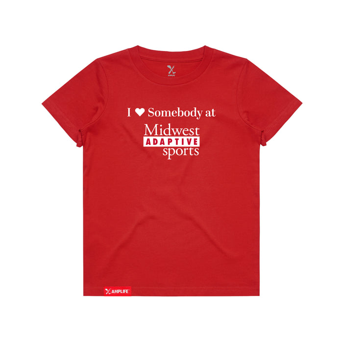 MAS Kansas City Wheelchair Football I Love Somebody at MAS Youth Red T-Shirt on a white background