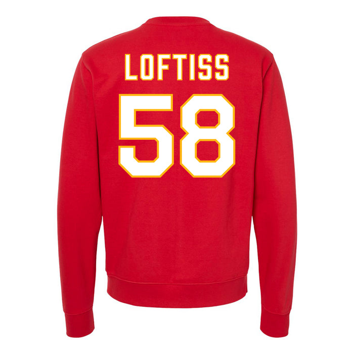 Back angle of the Jason Loftiss MAS Kansas City Wheelchair Football Amplife Red Crewneck Sweatshirt against a white background
