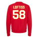 Back angle of the Jason Loftiss MAS Kansas City Wheelchair Football Amplife Red Crewneck Sweatshirt against a white background