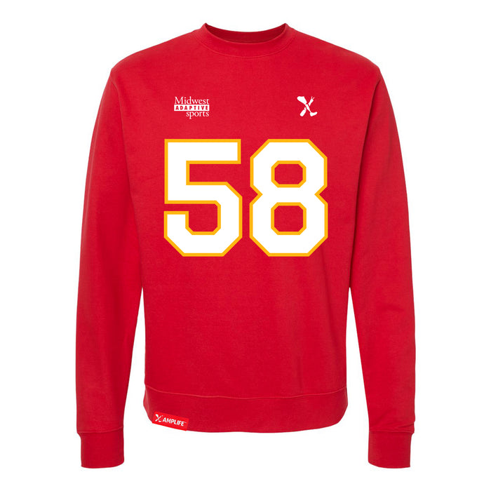 Front angle of the Jason Loftiss MAS Kansas City Wheelchair Football Amplife Red Crewneck Sweatshirt against a white background