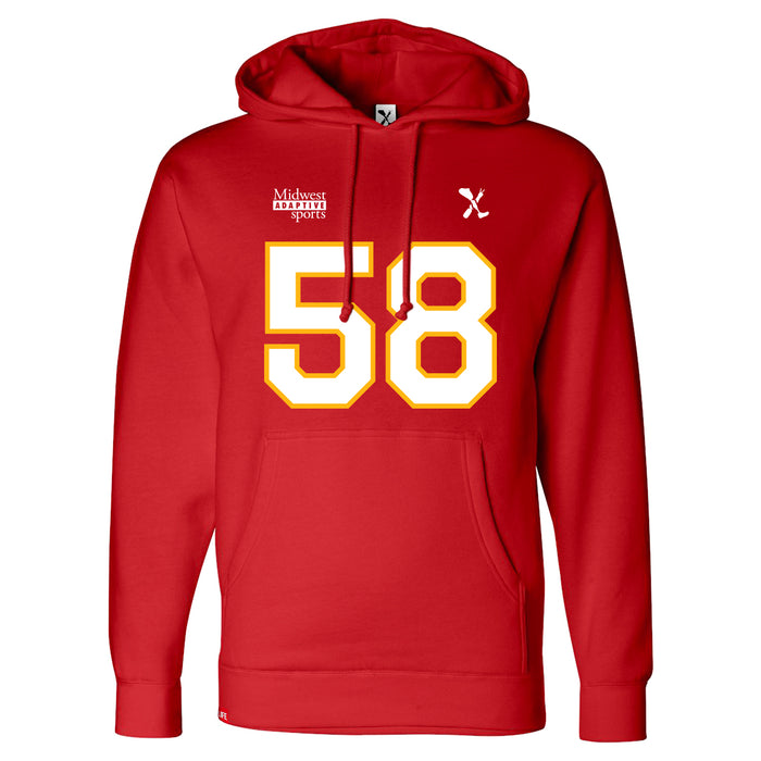 Front angle of the Jason Loftiss MAS Kansas City Wheelchair Football Amplife Red Hoodie against a white background