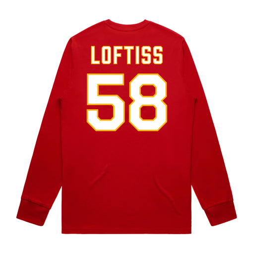 Back angle of the Jason Loftiss MAS Kansas City Wheelchair Football Amplife Red Long Sleeve T-Shirt against a white background
