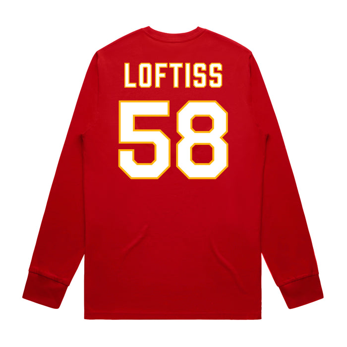 Back angle of the Jason Loftiss MAS Kansas City Wheelchair Football Amplife Red Long Sleeve T-Shirt against a white background