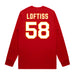 Back angle of the Jason Loftiss MAS Kansas City Wheelchair Football Amplife Red Long Sleeve T-Shirt against a white background